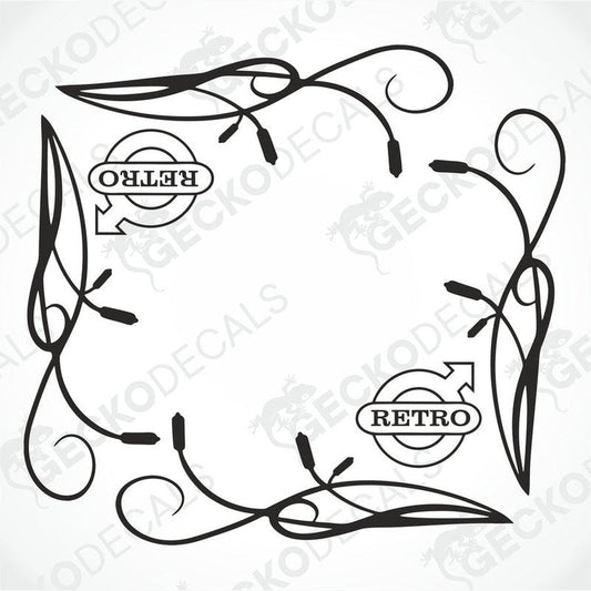A set of two black retro-themed side window decals for vehicles, with intricate floral and swirl designs.