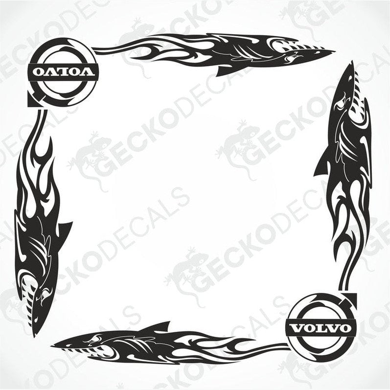 A set of black tribal shark decals designed for vehicle side windows, with 'VOLVO' and 'DAF' branding.