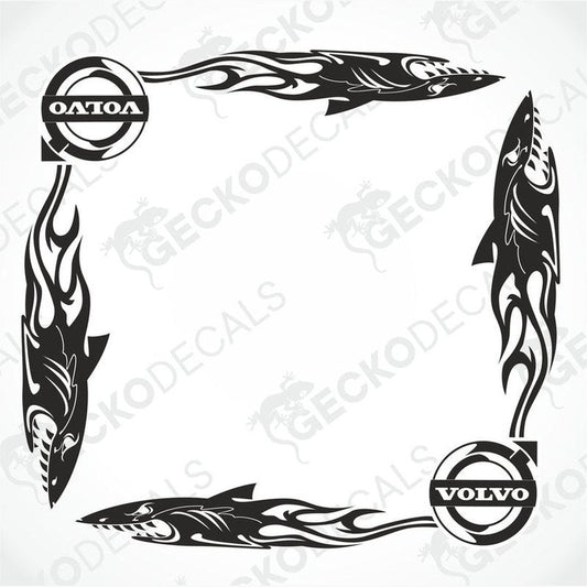 A set of black tribal shark decals designed for vehicle side windows, with 'VOLVO' and 'DAF' branding.