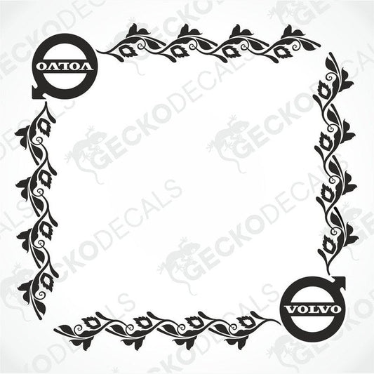 A pair of black and white side window decals with a floral pattern and the Volvo brand logo.