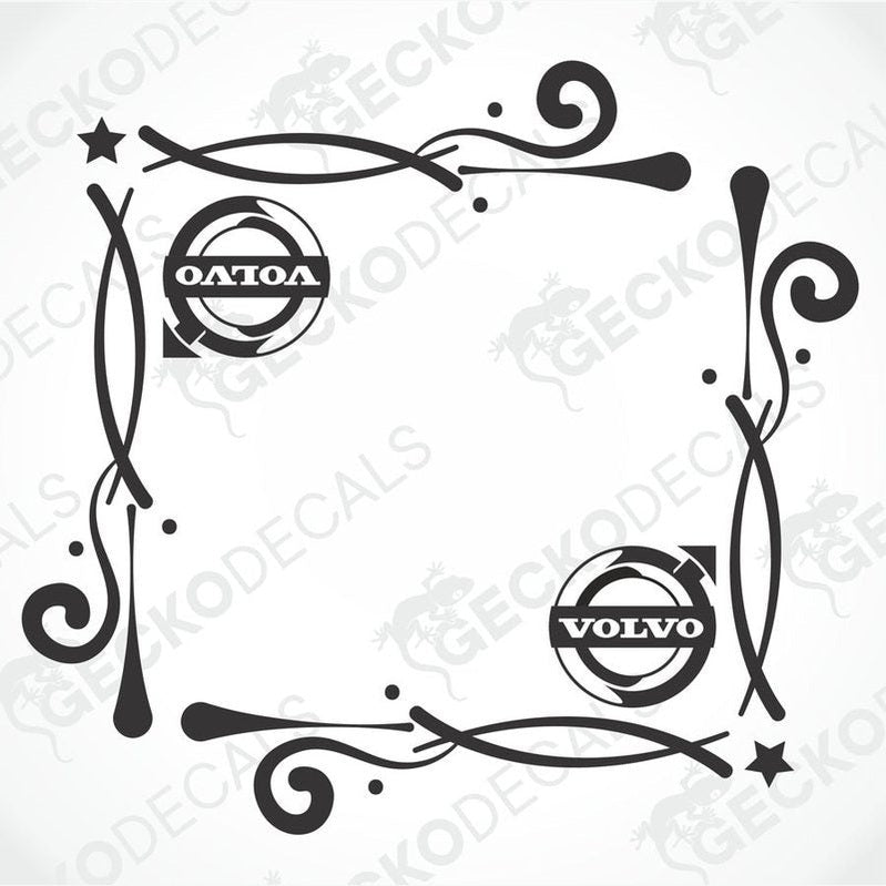 Two black and white Volvo side window decals with decorative elements and the Volvo brand logo.