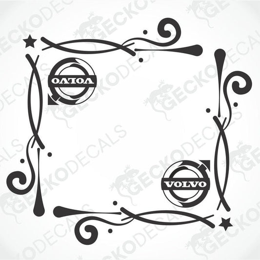 Two black and white Volvo side window decals with decorative elements and the Volvo brand logo.