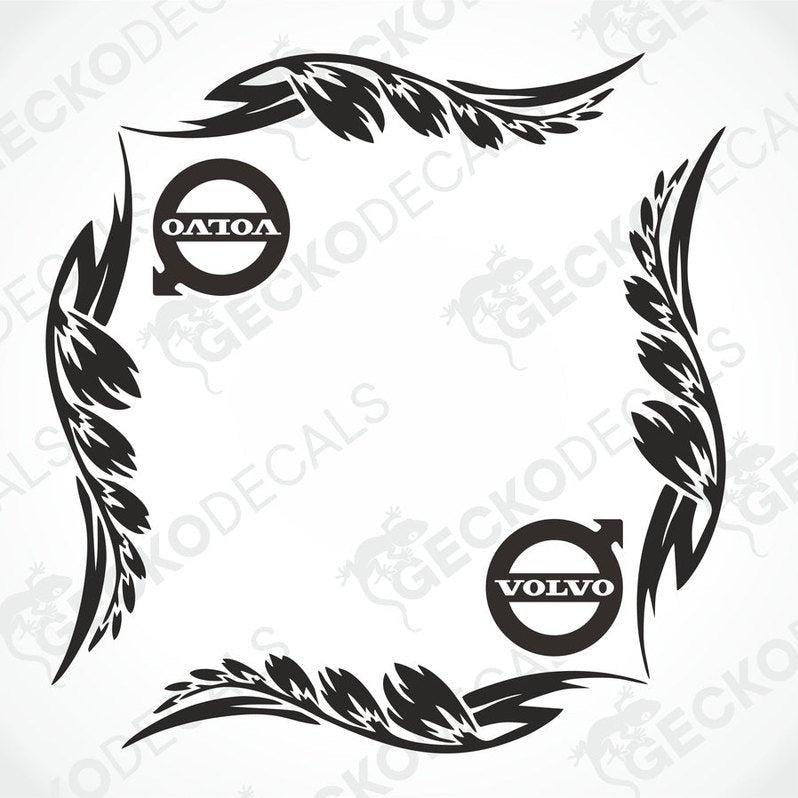 A pair of black vinyl decals for Volvo vehicles, featuring a leaf-like design with the Volvo and OATOA logos.