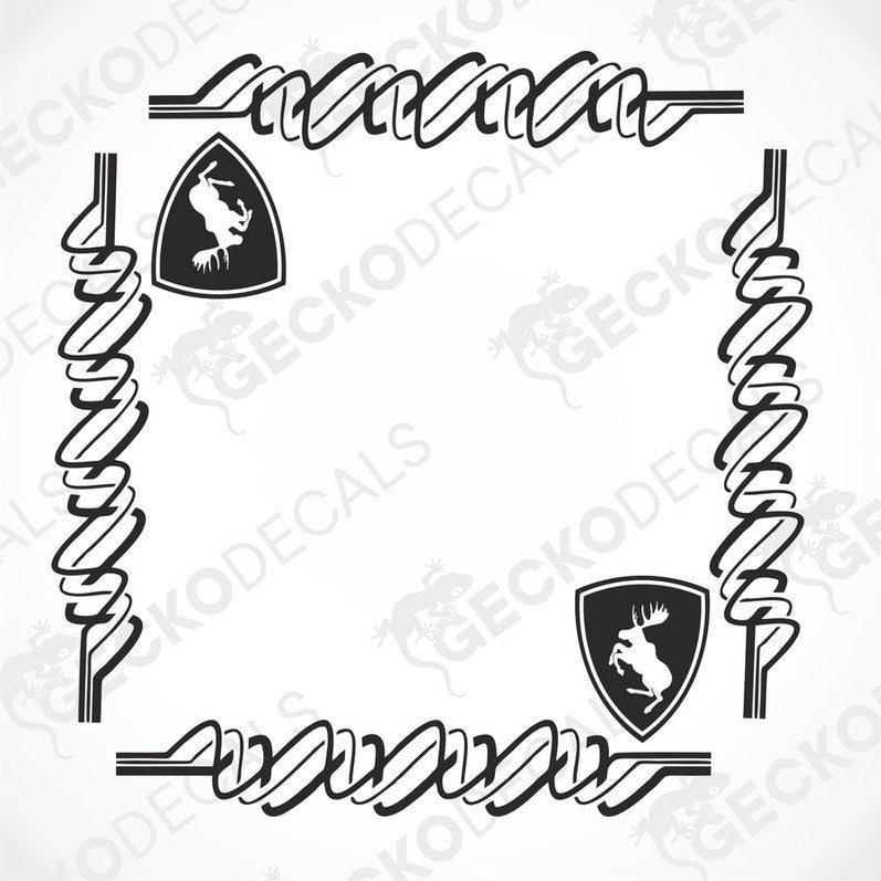 A pair of die cut black and white decals featuring a moose motif, intended for use on the side windows of a Volvo vehicle.