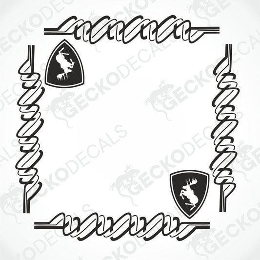 A pair of die cut black and white decals featuring a moose motif, intended for use on the side windows of a Volvo vehicle.