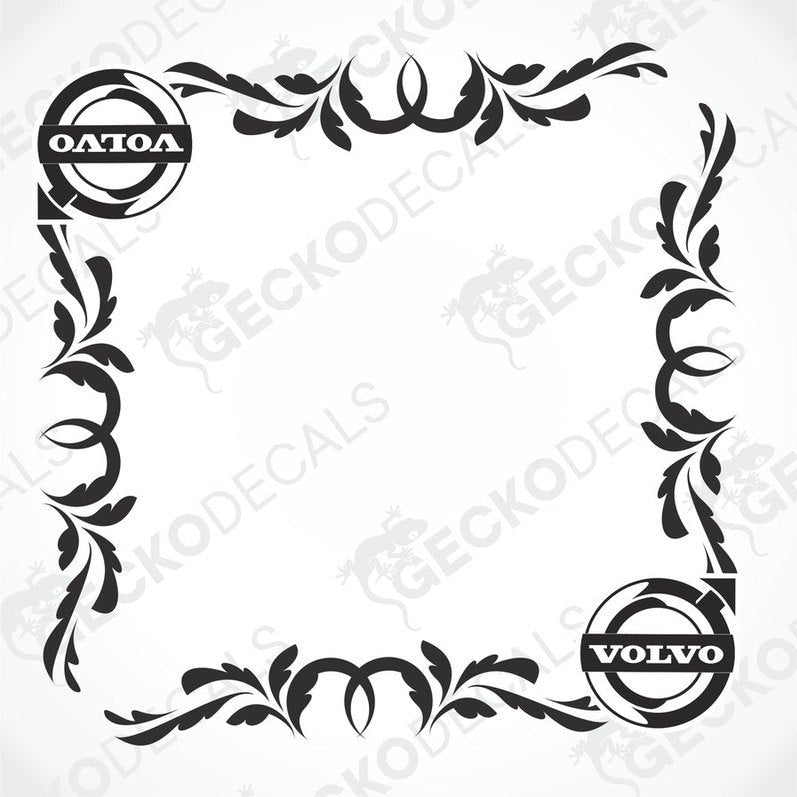 A die cut decal with a floral pattern and the Volvo brand logo, designed for use on side windows of a truck.