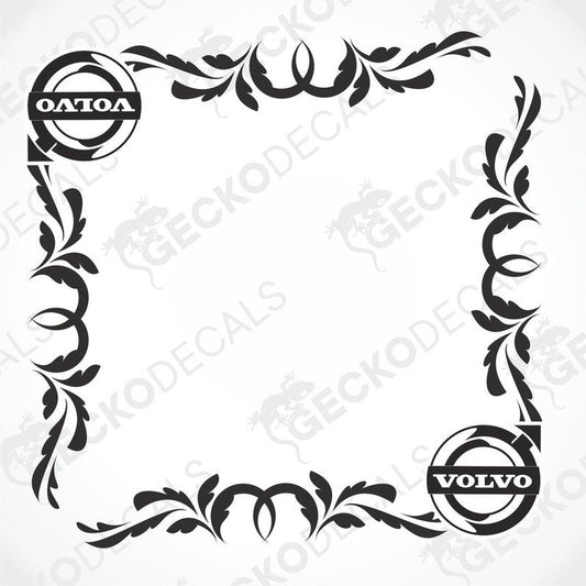 A die cut decal with a floral pattern and the Volvo brand logo, designed for use on side windows of a truck.
