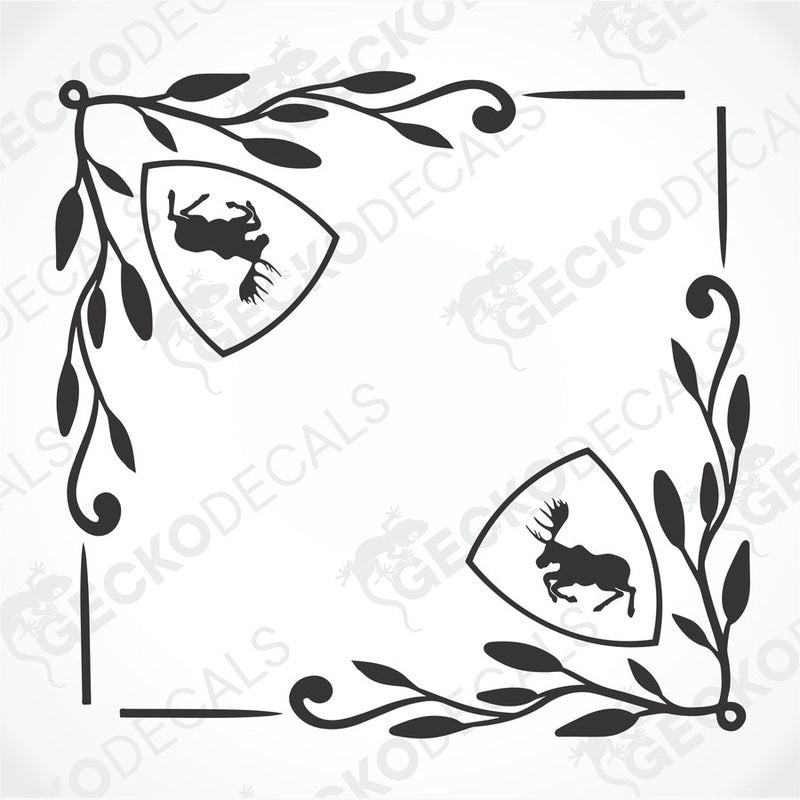 A pair of black and white die cut decals for Volvo vehicles, featuring a moose silhouette with leafy border designs, intended for use on side windows.
