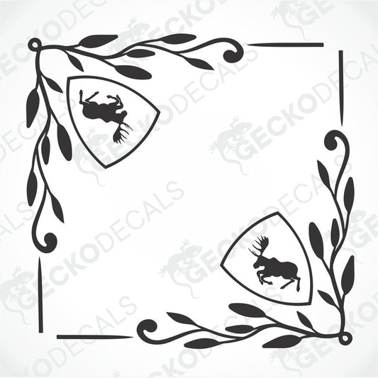 A pair of black and white die cut decals for Volvo vehicles, featuring a moose silhouette with leafy border designs, intended for use on side windows.