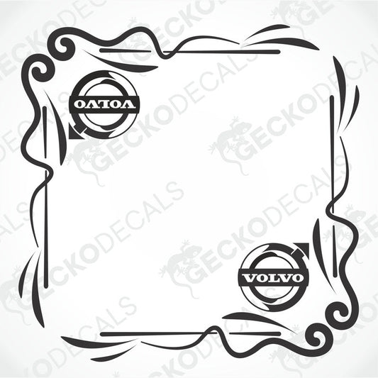 A black decorative border image of a Volvo side window decal with the Volvo logo. 