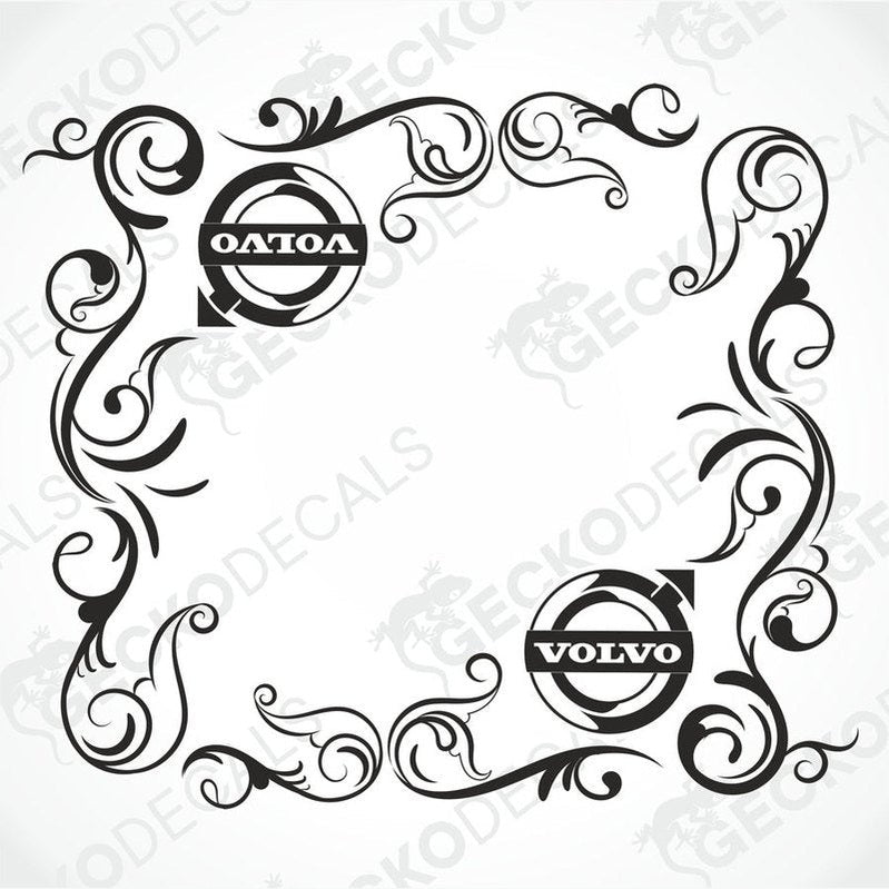 A pair of black and white die cut decals with a floral pattern and the Volvo brand logo, intended for use on vehicle side windows.