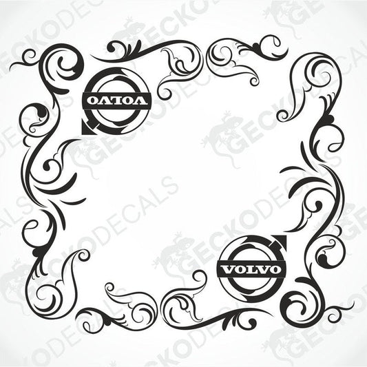 A pair of black and white die cut decals with a floral pattern and the Volvo brand logo, intended for use on vehicle side windows.