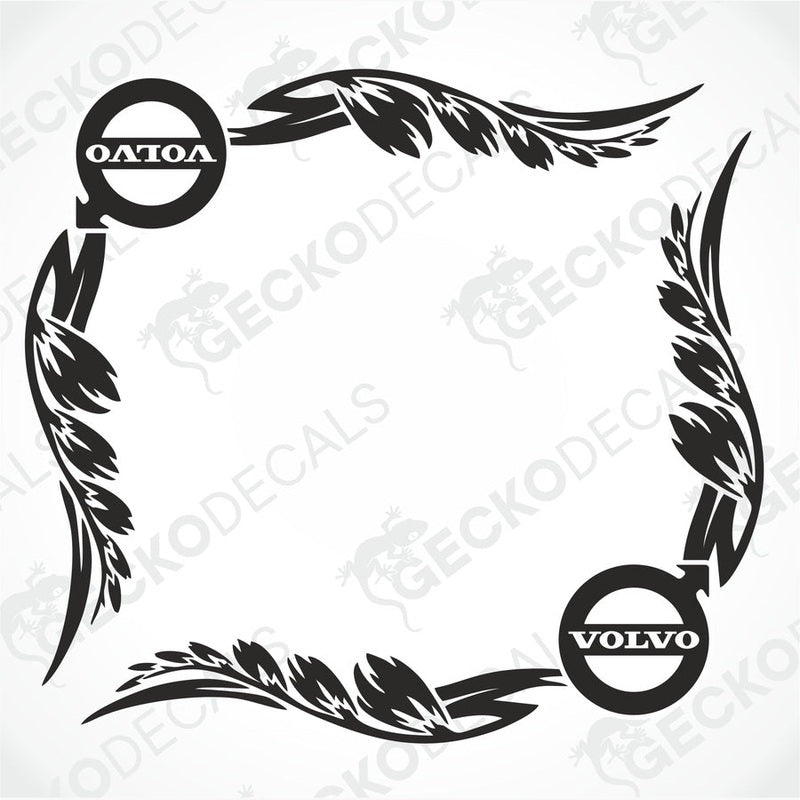 A pair of black Volvo side window decals with a floral design and the Volvo logo.