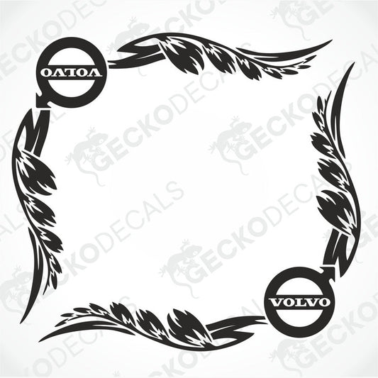 A pair of black Volvo side window decals with a floral design and the Volvo logo.