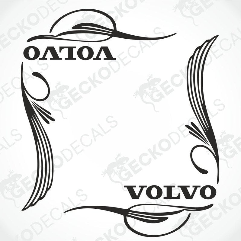 A pair of black side window decals for a Volvo truck, featuring the Volvo logo and decorative swirls.