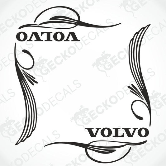 A pair of black side window decals for a Volvo truck, featuring the Volvo logo and decorative swirls.