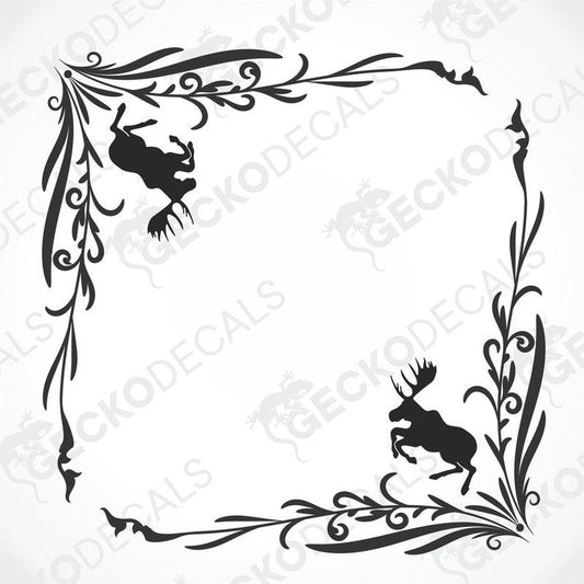 A set of two black and white die cut stickers depicting moose, intended for use on side windows of a vehicle.