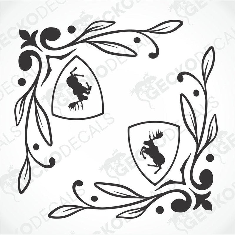 A set of two black die cut stickers with a moose design, intended for use on side windows of a vehicle.