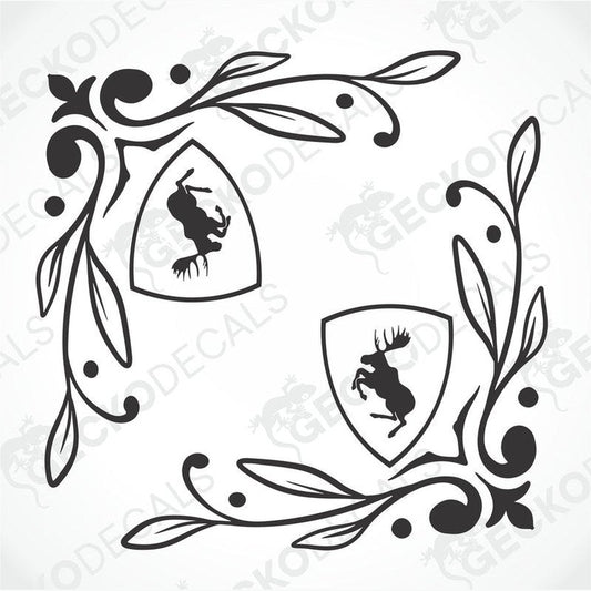 A set of two black die cut stickers with a moose design, intended for use on side windows of a vehicle.