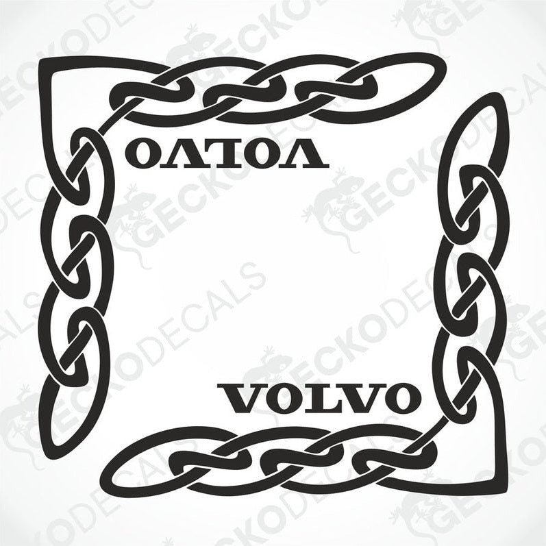 A black and white image of a die cut decal with the text 'VOLVO' and a chain design.