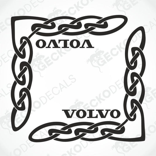 A black and white image of a die cut decal with the text 'VOLVO' and a chain design.