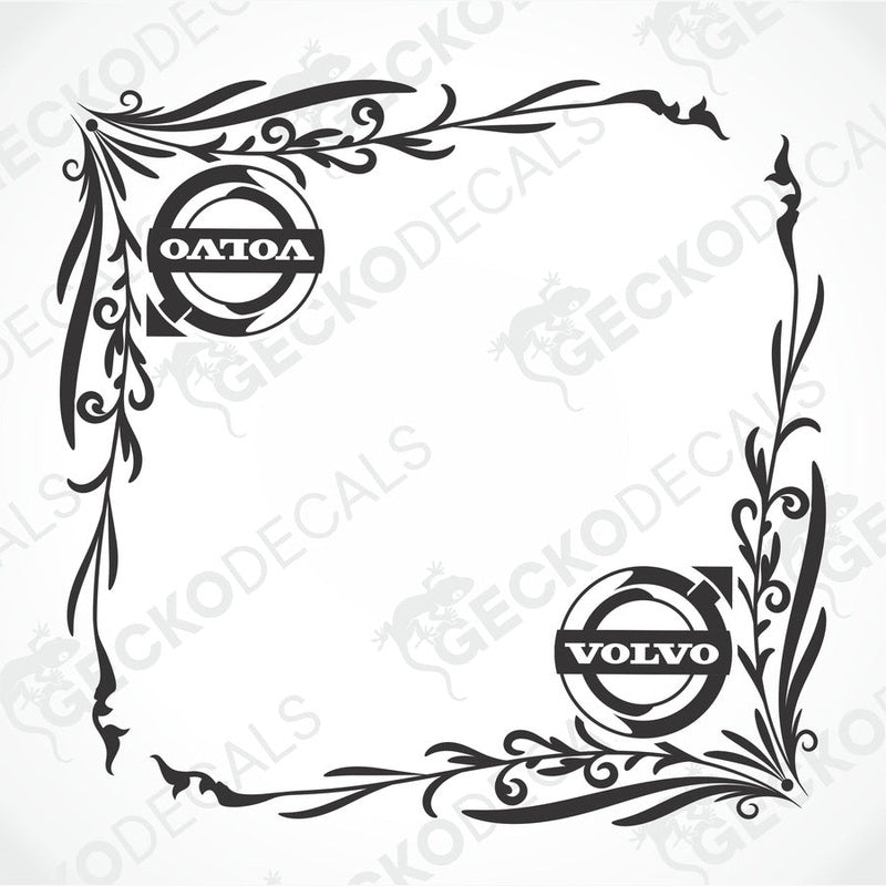 A set of two black die-cut stickers with the Volvo brand and a decorative floral design, intended for use on side windows of a vehicle.