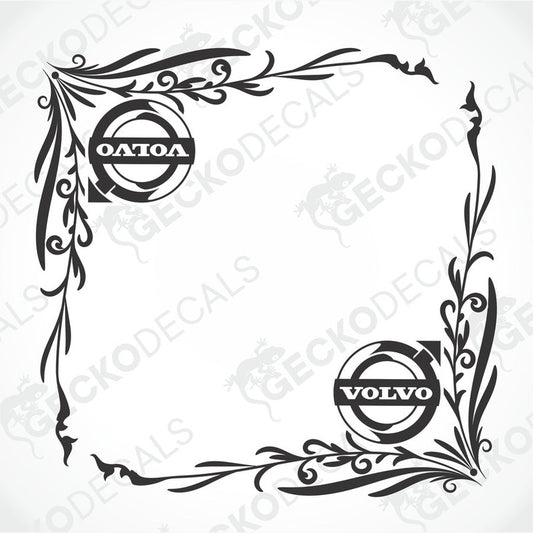 A set of two black die-cut stickers with the Volvo brand and a decorative floral design, intended for use on side windows of a vehicle.
