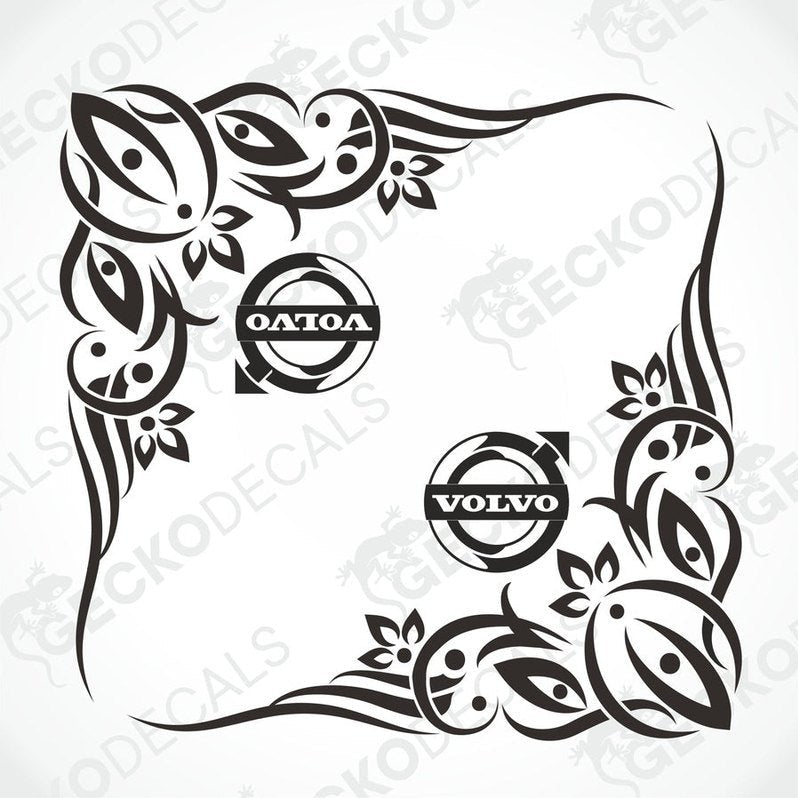 A pair of black and white floral patterned decals with the Volvo brand logo, designed for use on vehicle side windows.
