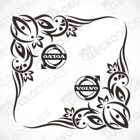 A pair of black and white floral patterned decals with the Volvo brand logo, designed for use on vehicle side windows.
