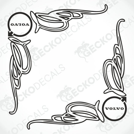A pair of black and white side window decals for a Volvo truck, featuring decorative swirls and the Volvo logo.