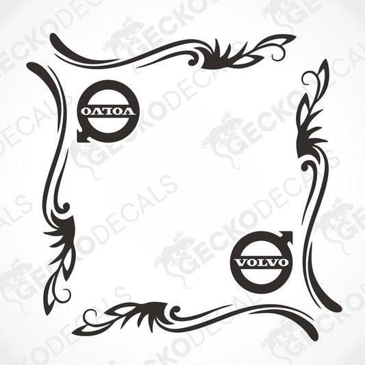 A pair of black and white decorative side window decals for a Volvo vehicle, featuring floral patterns and the Volvo brand logo.
