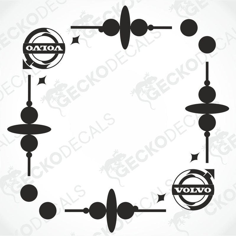 A set of die cut black decals for a Volvo vehicle, including the brand logo and abstract designs, displayed on a white background.