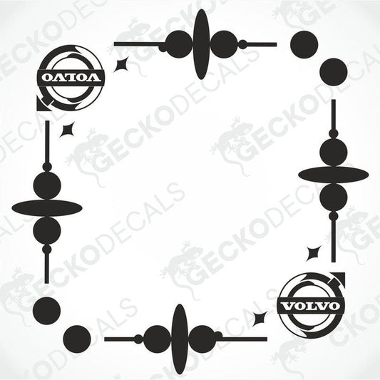 A set of die cut black decals for a Volvo vehicle, including the brand logo and abstract designs, displayed on a white background.