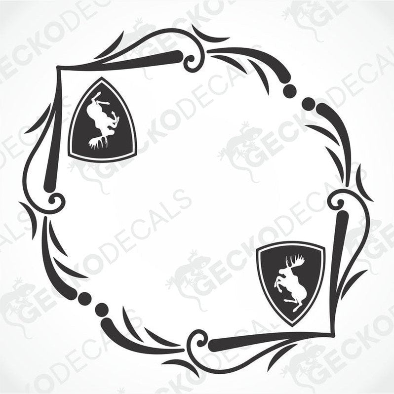 A pair of black and white die cut decals for Volvo vehicles, featuring a moose motif within a shield design, intended for side window placement.