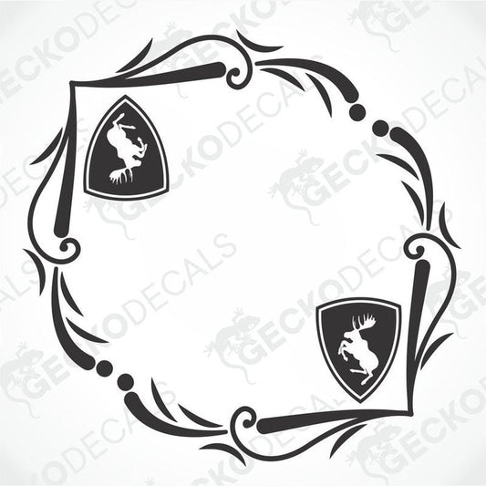 A pair of black and white die cut decals for Volvo vehicles, featuring a moose motif within a shield design, intended for side window placement.