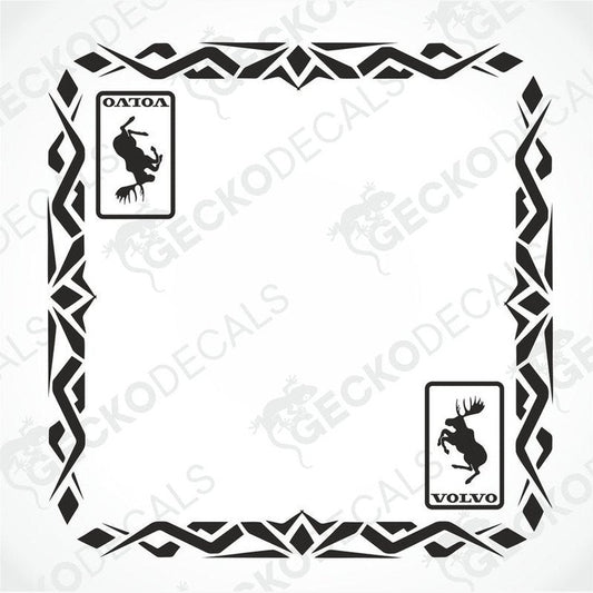 A black and white image of a die cut decal with a moose design and the Volvo brand logo, intended for use as a side window decal for a truck.