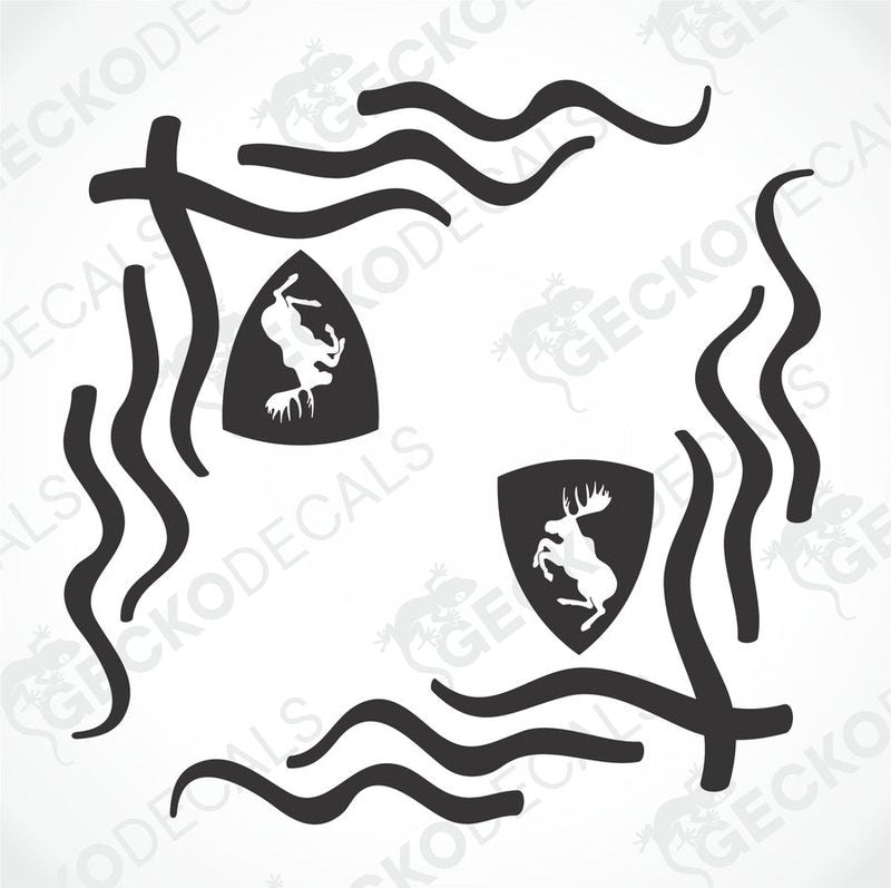 Two black die-cut stickers with a moose design, intended for use on side windows of a truck.