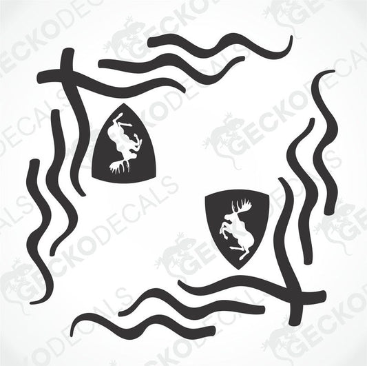 Two black die-cut stickers with a moose design, intended for use on side windows of a truck.