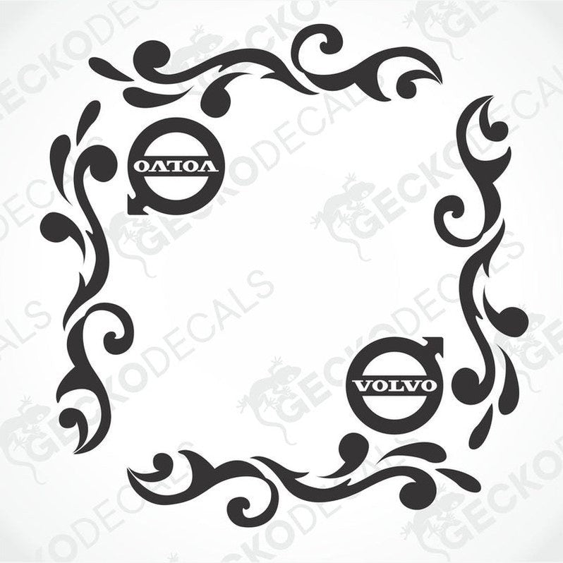 A pair of black and white side window decals with floral patterns and the Volvo brand logo.