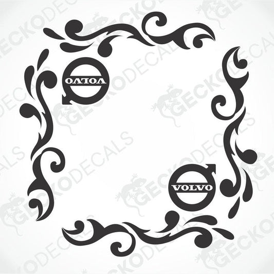 A pair of black and white side window decals with floral patterns and the Volvo brand logo.