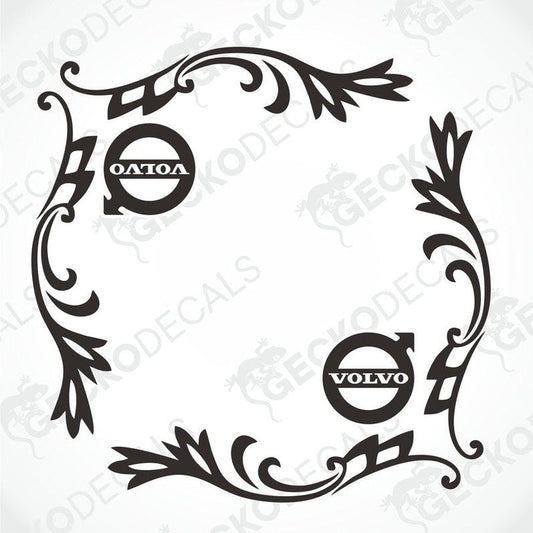 A pair of black side window decals for a Volvo truck, featuring decorative elements and the Volvo brand logo.