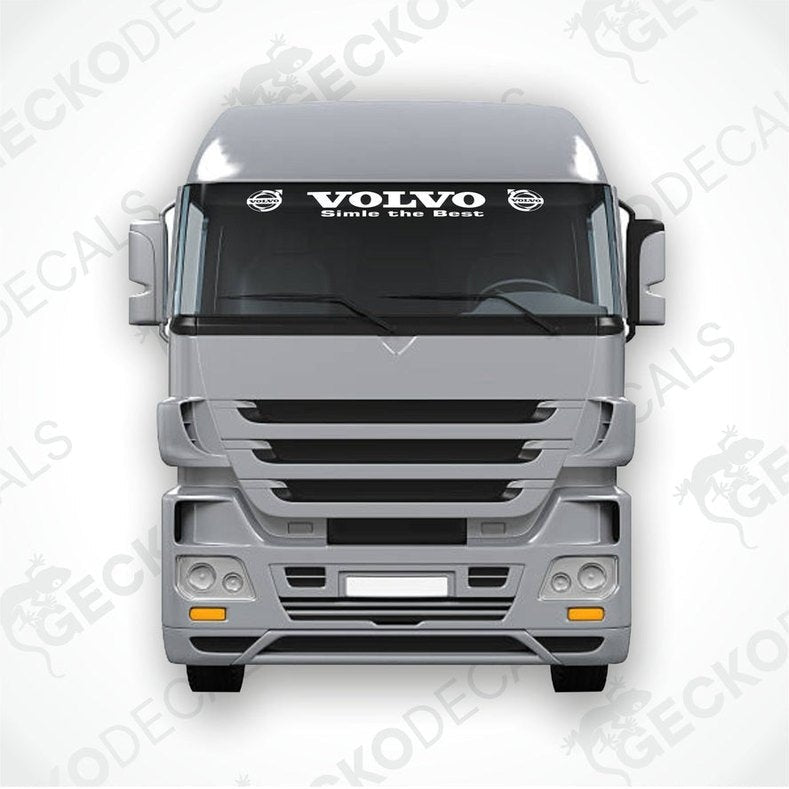 A front view of a Volvo truck with a die-cut decal on the windscreen.