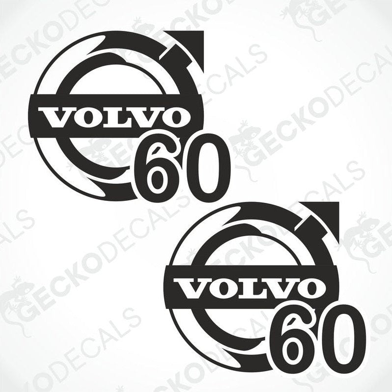 Two black and white die cut stickers with the text 'VOLVO 60' on them, designed for use as vehicle decals.