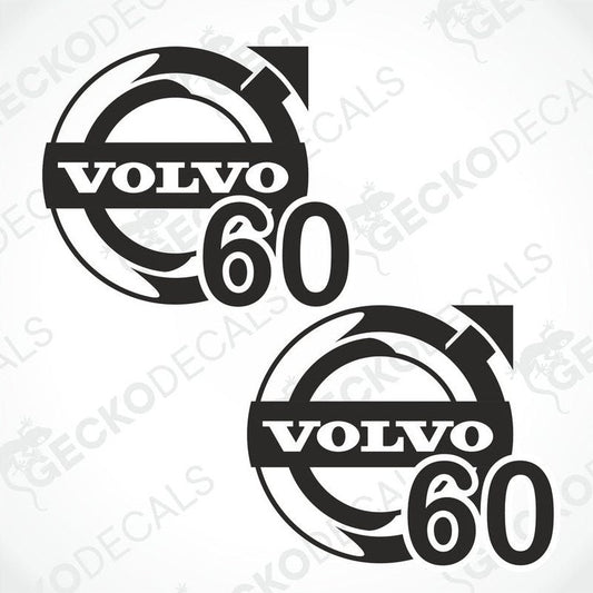 Two black and white die cut stickers with the text 'VOLVO 60' on them, designed for use as vehicle decals.