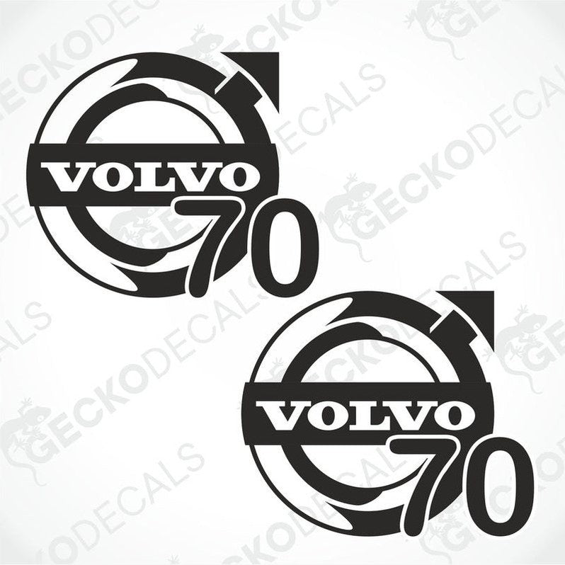 Two black and white die cut decals with the text 'VOLVO 70' on them, delivered on transfer paper.