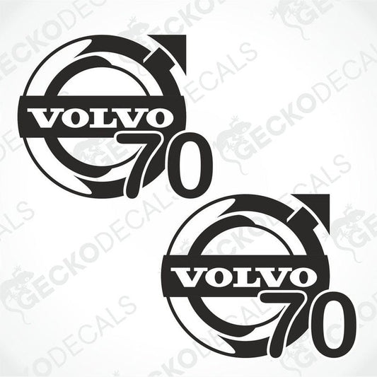 Two black and white die cut decals with the text 'VOLVO 70' on them, delivered on transfer paper.