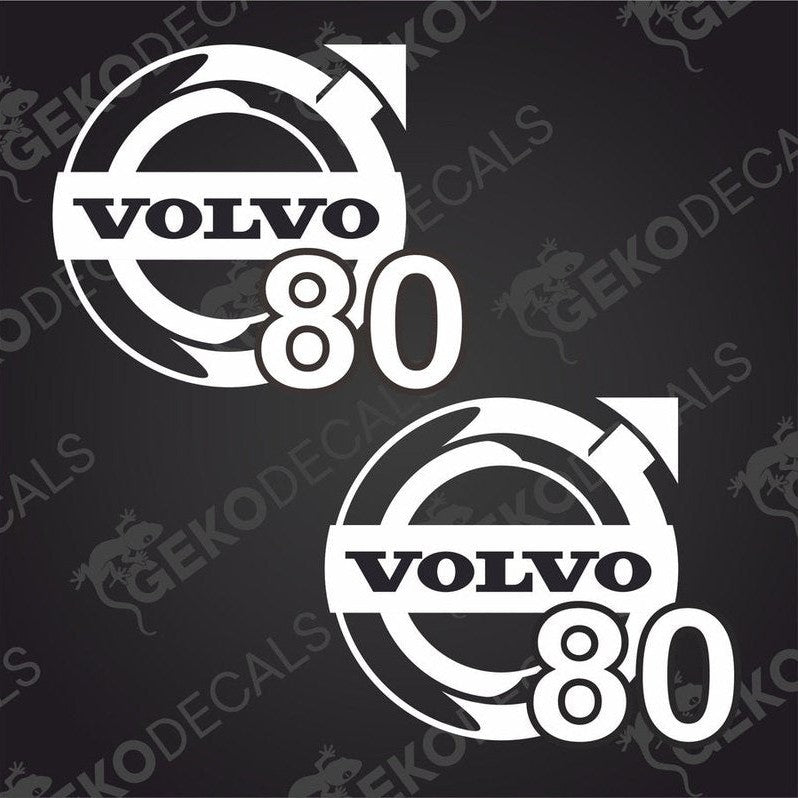 Two white square stickers with the text 'VOLVO 80' on them, presented on a dark background.