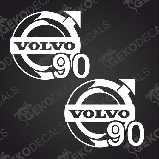Two white decals with the Volvo brand and the number 90 printed on them, indicating a speed limit or truck decal.