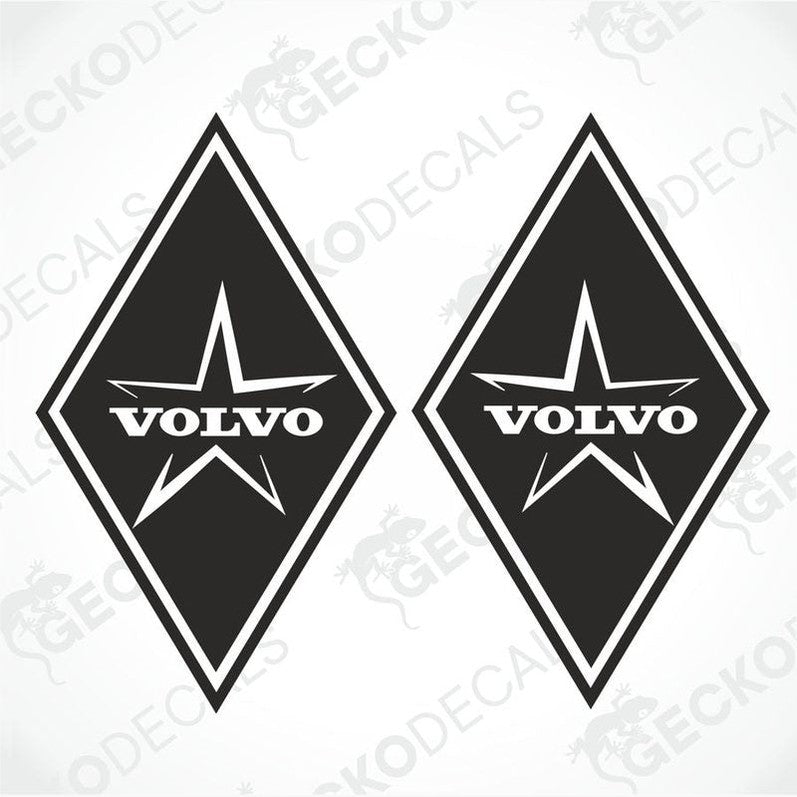 Two black Volvo brand decals with a diamond shape and a star design, placed against a white background.
