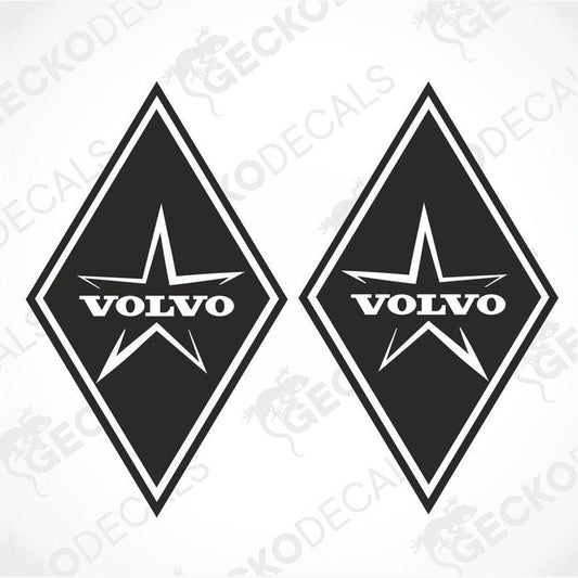 Two black Volvo brand decals with a diamond shape and a star design, placed against a white background.